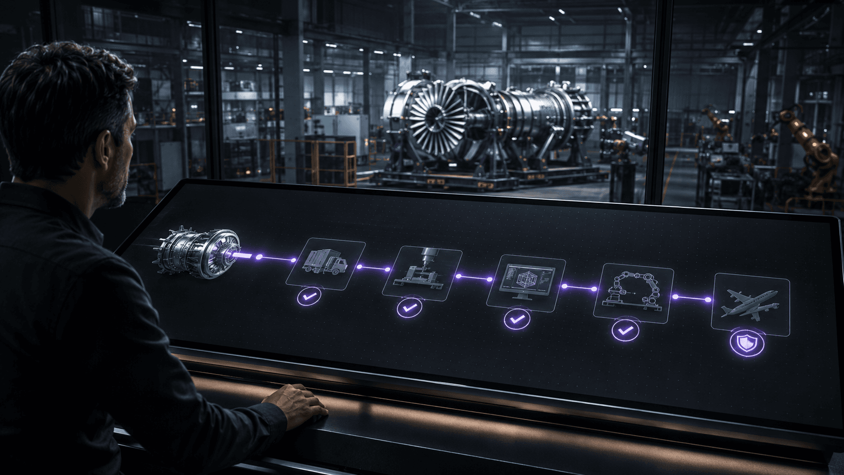 Futuristic factory control console showing one coordinated recovery plan