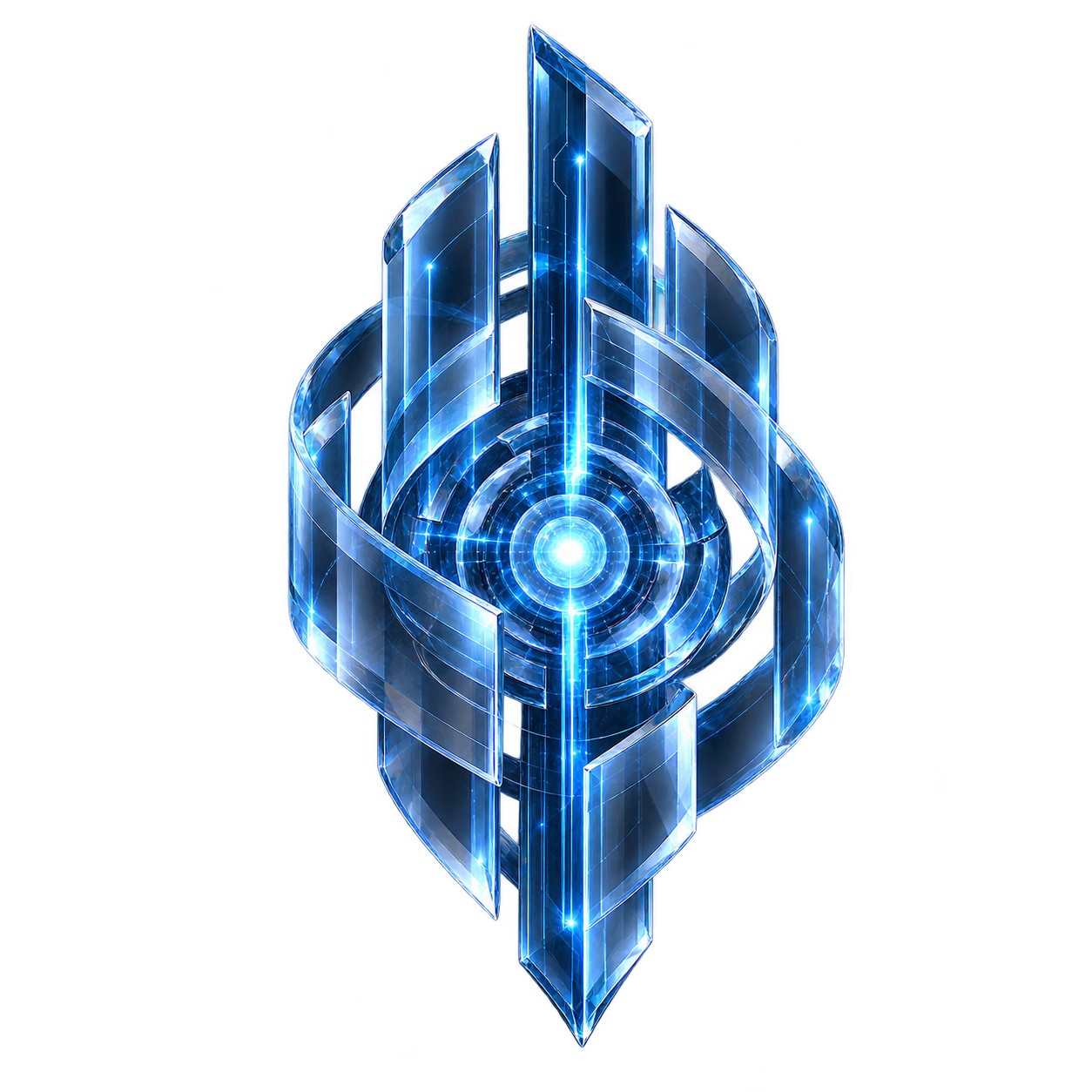 Luminous Sapphire Core with layered blue glass and orbital light channels