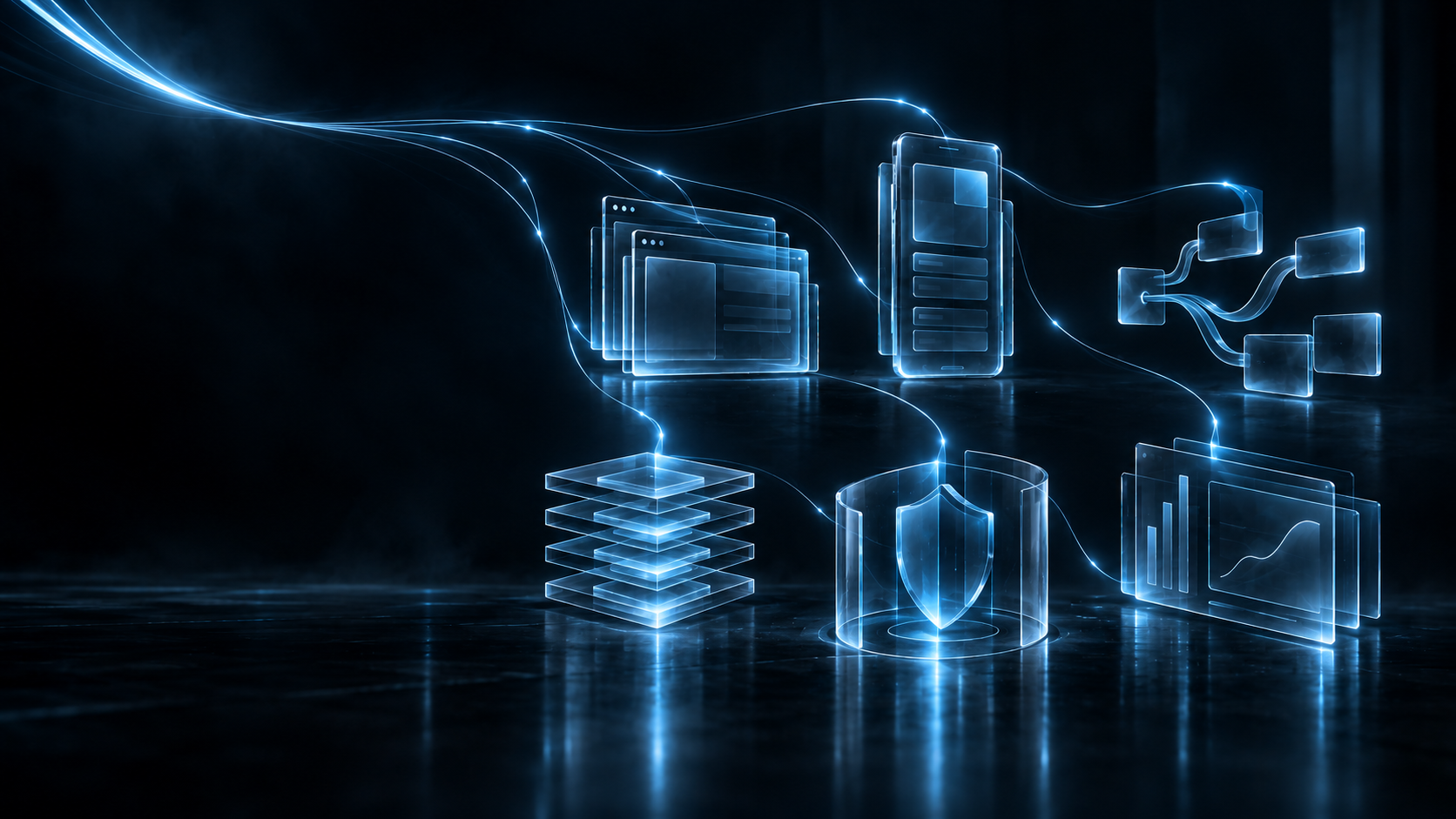 Six distinct glass capabilities connected by a fine blue signal.