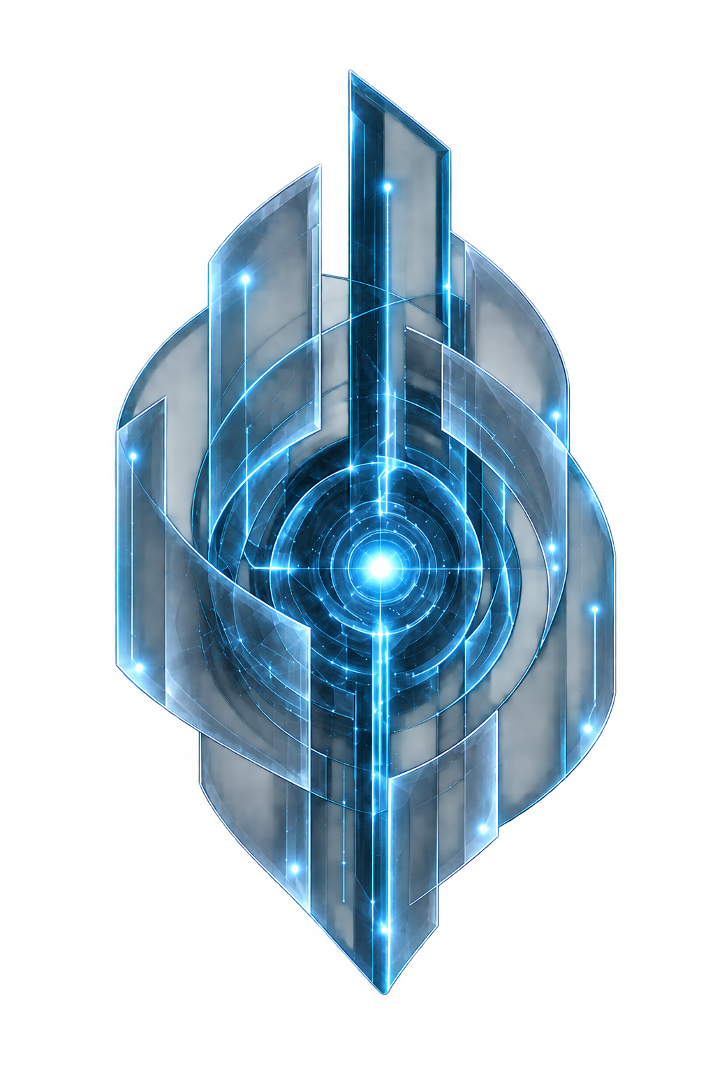 Trinity Core with overlapping blue glass and an illuminated nucleus
